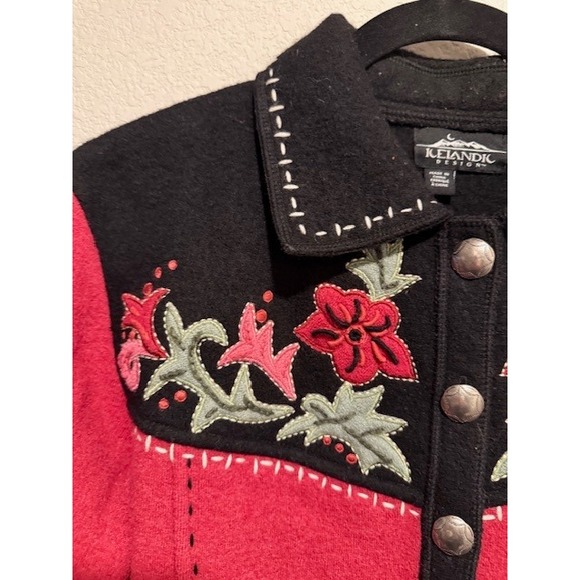 Icelandic Design Embroidered Wool Blend Jacket Red Black Floral Western Style M - Picture 2 of 8